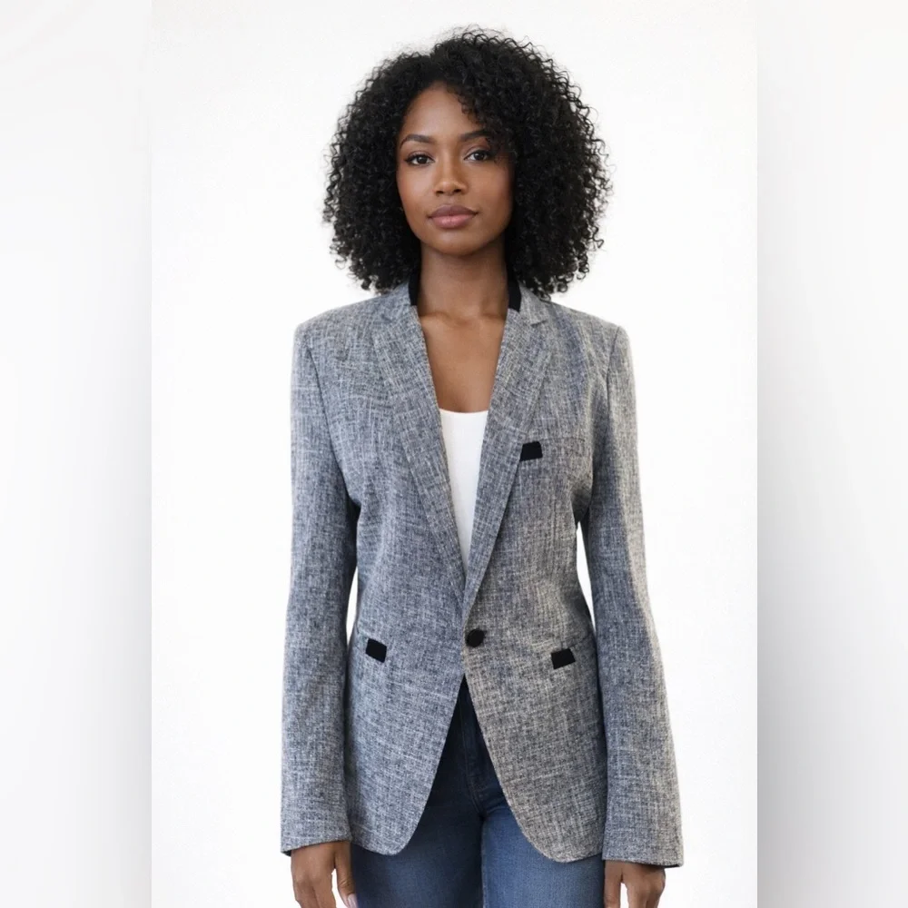 Boutique Tweed Blazer Navy Black Velvet Trim Tailored Career Jacket Size 6